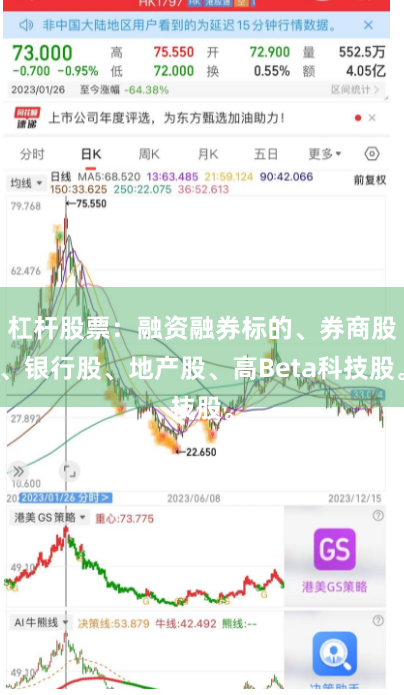 杠杆股票：融资融券标的、券商股、银行股、地产股、高Beta科技股。